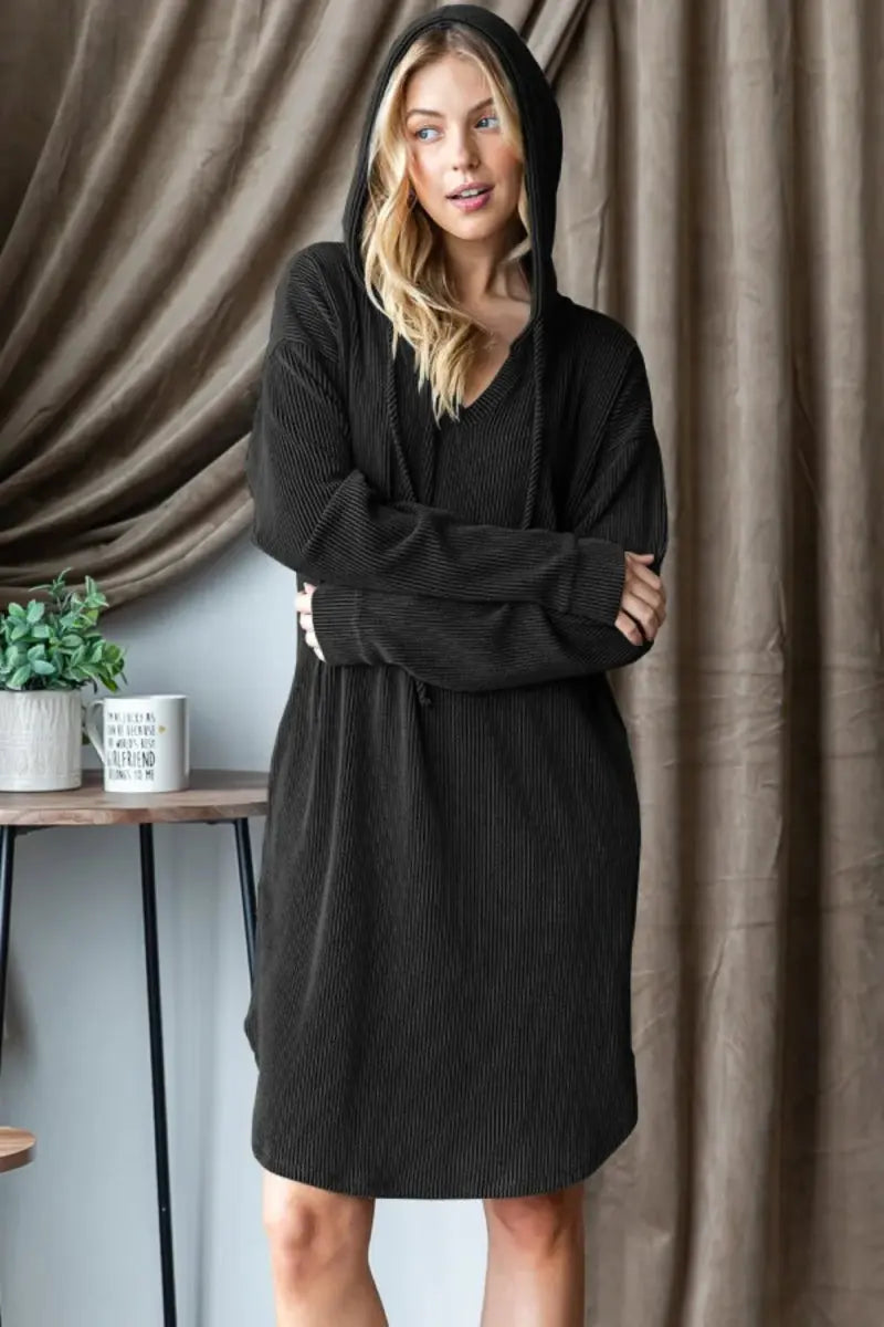 Heimish Ribbed Long Sleeve Hooded Dress for Women - Love Salve